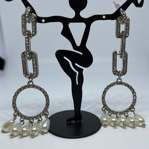 Silver Tone Faux Diamond & Pearl Earrings 2”